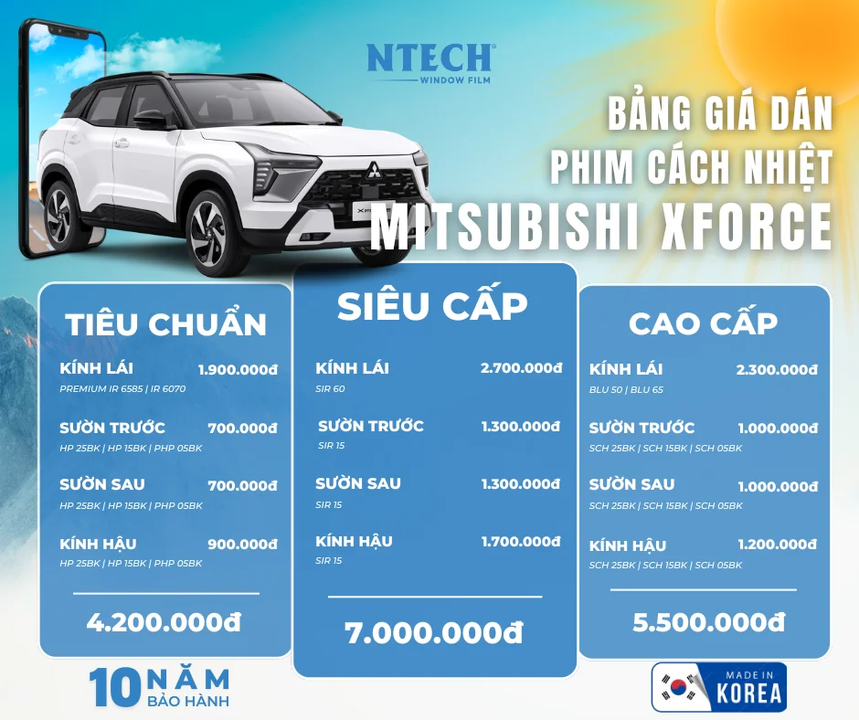 Bảng giá dán phim cách nhiệt NTECH cho xe Mitsubishi Xforce mới nhất 2026
