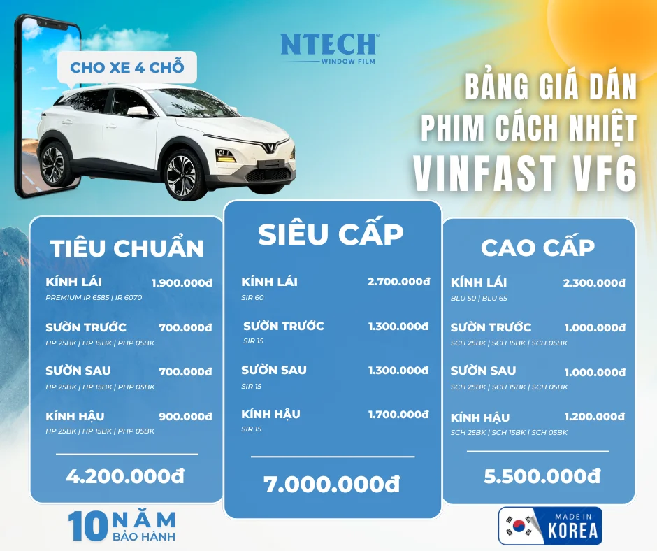 Bảng giá dán phim cách nhiệt NTECH cho xe VinFast VF6 mới nhất 2026