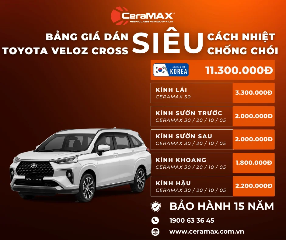 Bảng giá dán phim cách nhiệt CERAMAX cho xe Toyota Veloz Cross mới nhất 2026
