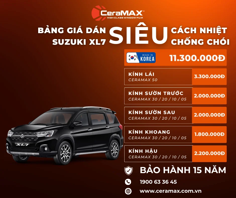 Bảng giá dán phim cách nhiệt CeraMAX cho xe Suzuki XL7 cập nhật mới nhất 2026