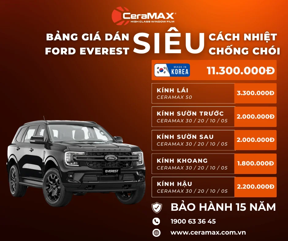 Bảng giá dán phim cách nhiệt CeraMAX cho xe Ford Everest (Cập nhật 2026)