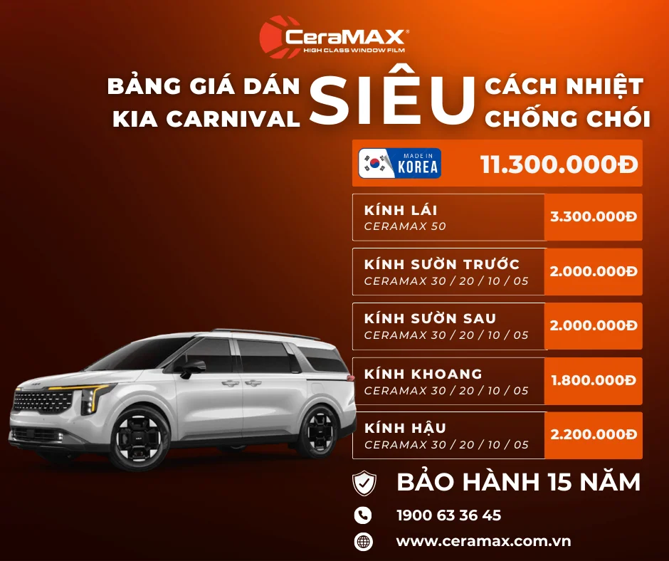 Bảng giá dán phim cách nhiệt CeraMAX cho xe KIA Carnival mới nhất 2026