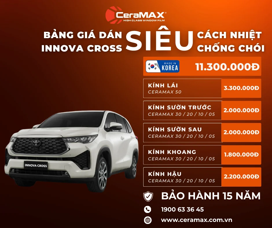 Bảng giá dán phim cách nhiệt CeraMAX cho Toyota Innova Cross mới nhất 2026