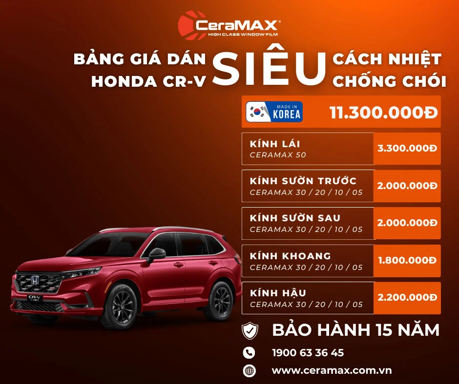 Bảng giá dán phim cách nhiệt CeraMAX cho xe Honda CR-V mới nhất 2026