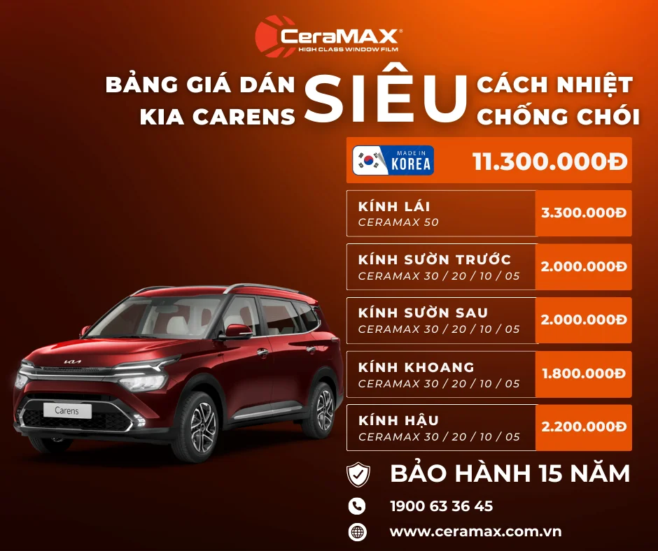 Bảng giá dán phim cách nhiệt CeraMAX cho xe KIA Carens mới nhất 2026