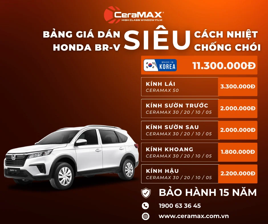 Bảng giá dán phim cách nhiệt CeraMAX cho Honda BR-V cập nhật 2026 mới nhất: