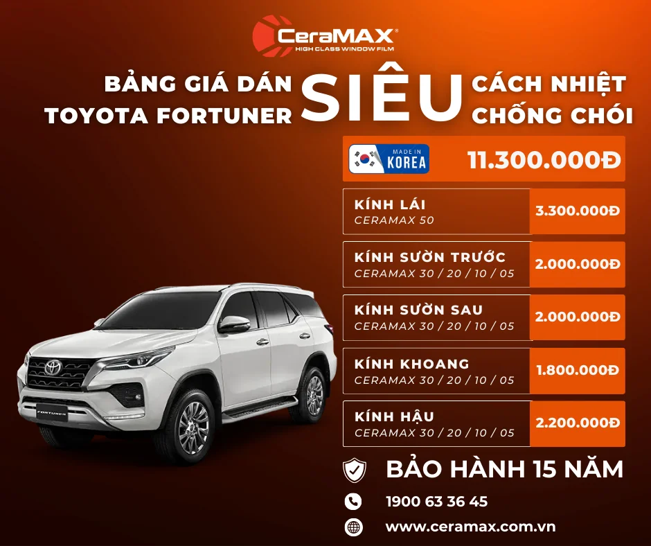 Bảng giá dán phim cách nhiệt CeraMAX cho Toyota Fortuner mới nhất 2026