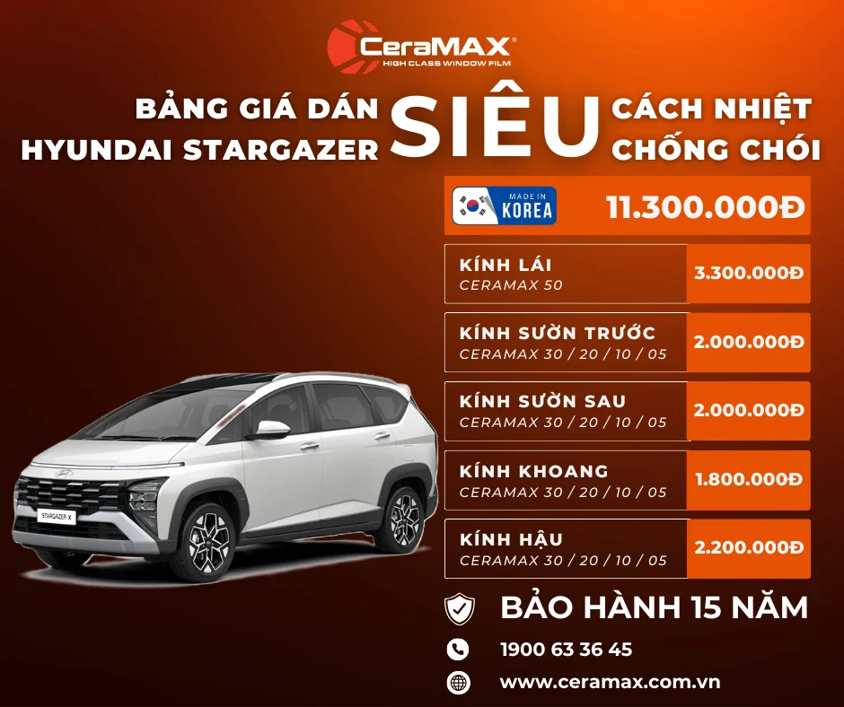 Bảng giá dán phim cách nhiệt CeraMAX cho Hyundai Stargazer mới nhất 2026