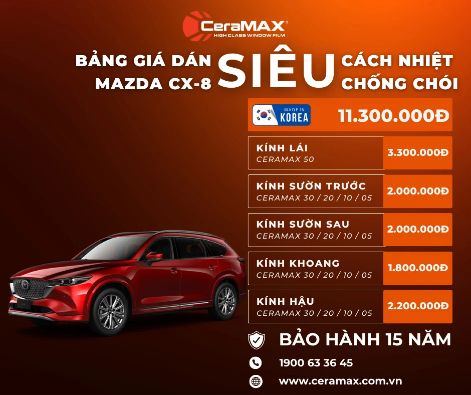 Bảng giá dán phim cách nhiệt CeraMAX cho Mazda CX-8 (Cập nhật 2026)