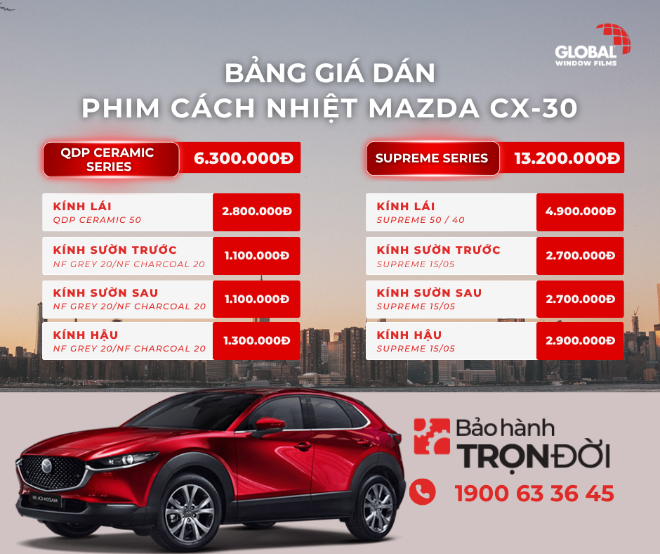 Bảng giá chi tiết dịch vụ dán phim cách nhiệt cho Mazda CX-30