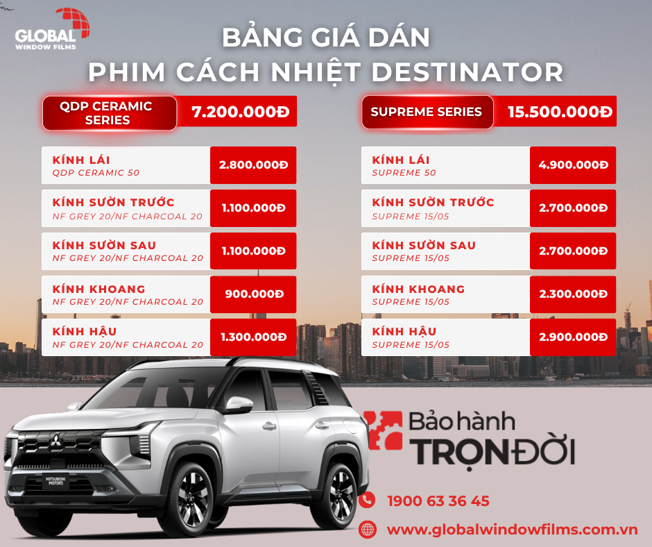 Bảng giá dán phim cách nhiệt Global cho xe Mitsubishi Destinator mới nhất 2026