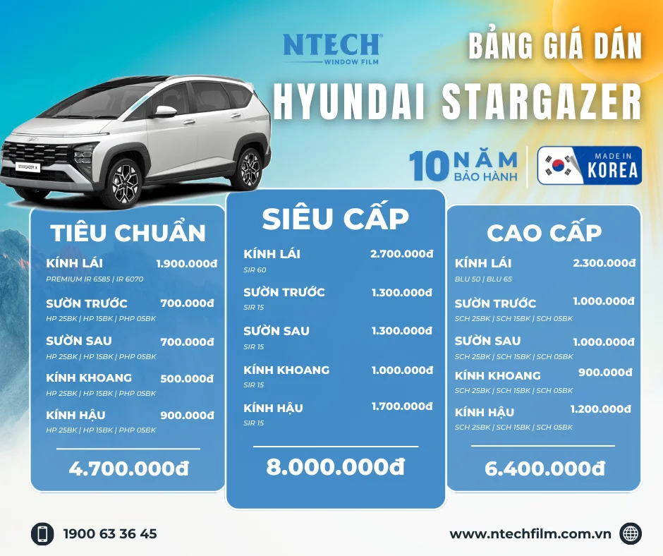 Bảng giá dán phim cách nhiệt NTECH cho Hyundai Stargazer mới nhất 2026