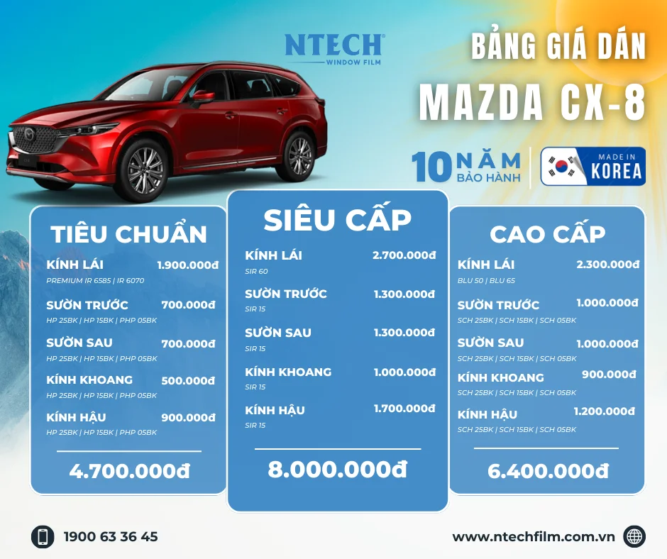 Bảng giá dán phim cách nhiệt NTECH cho Mazda CX-8 (Cập nhật 2026)
