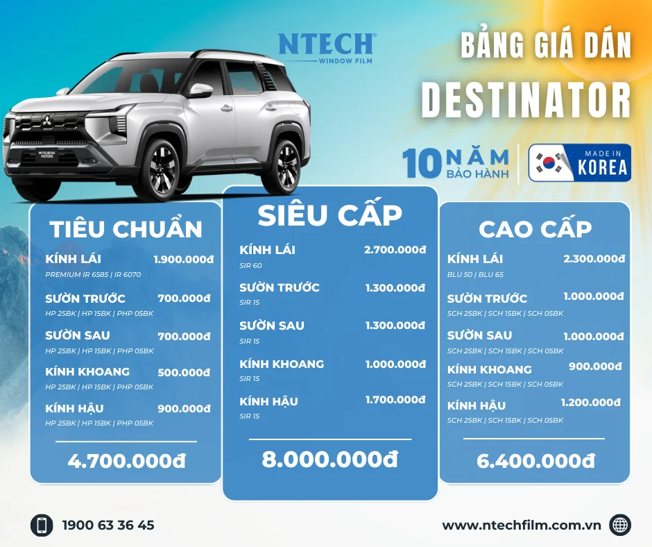 Bảng giá dán phim cách nhiệt NTECH cho xe Mitsubishi Destinator mới nhất 2026