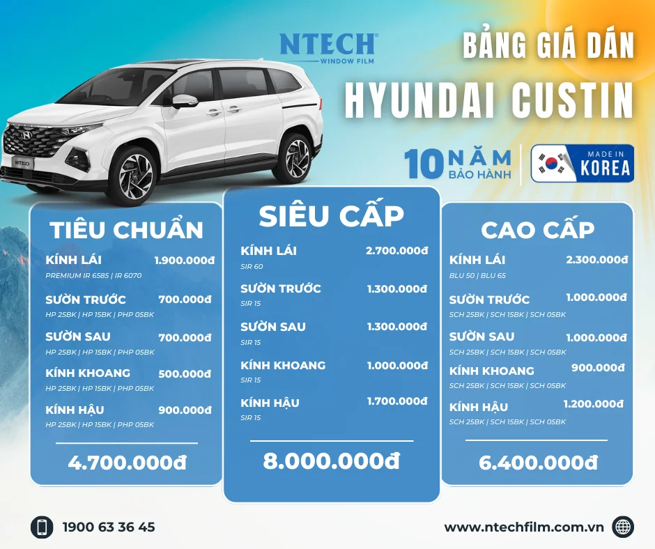 Bảng giá dán phim cách nhiệt NTECH cho xe Hyundai Custin (Cập nhật 2026)