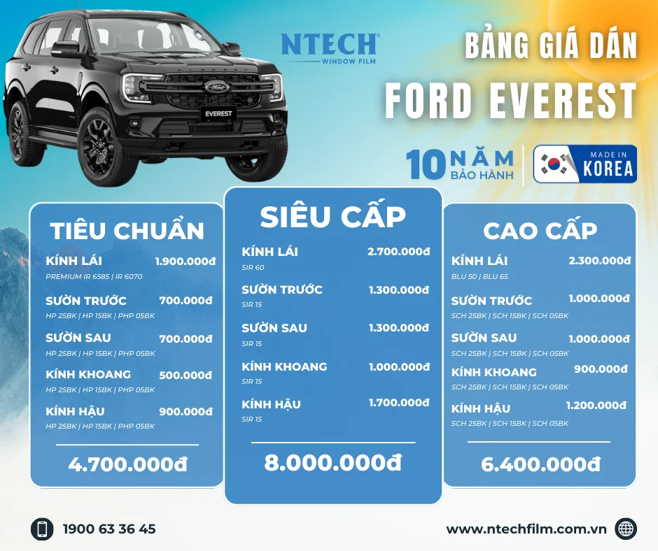 Bảng giá dán phim cách nhiệt NTECH cho xe Ford Everest (Cập nhật 2026)