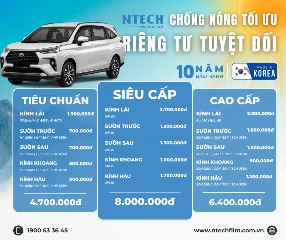 Bảng giá dán phim cách nhiệt NTECH cho xe Toyota Veloz Cross mới nhất 2026