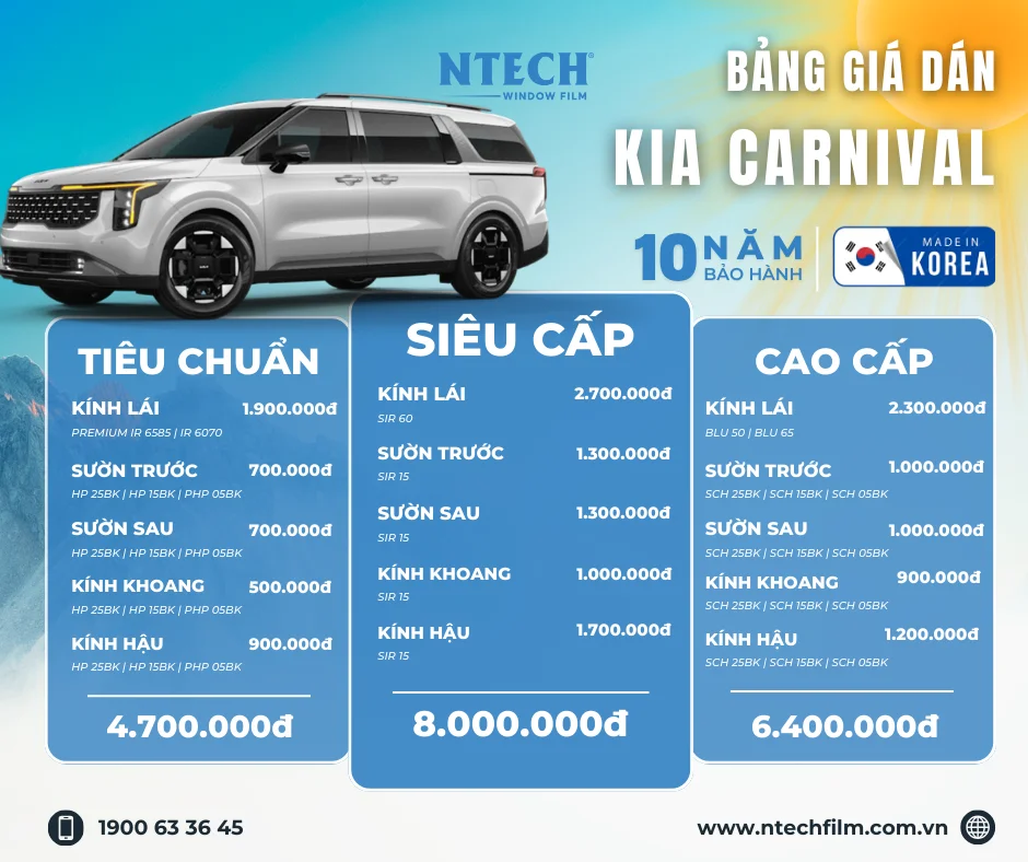 Bảng giá dán phim cách nhiệt NTECH cho xe KIA Carnival mới nhất 2026