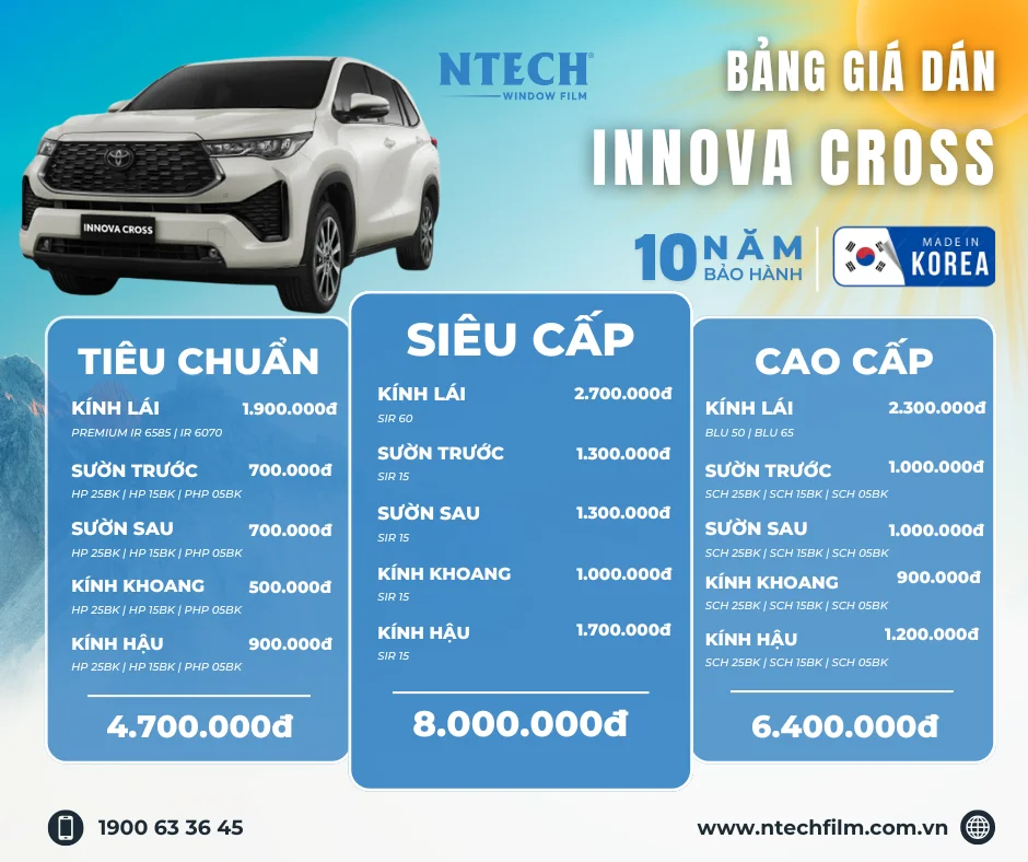 Bảng giá dán phim cách nhiệt NTECH cho Toyota Innova Cross mới nhất 2026