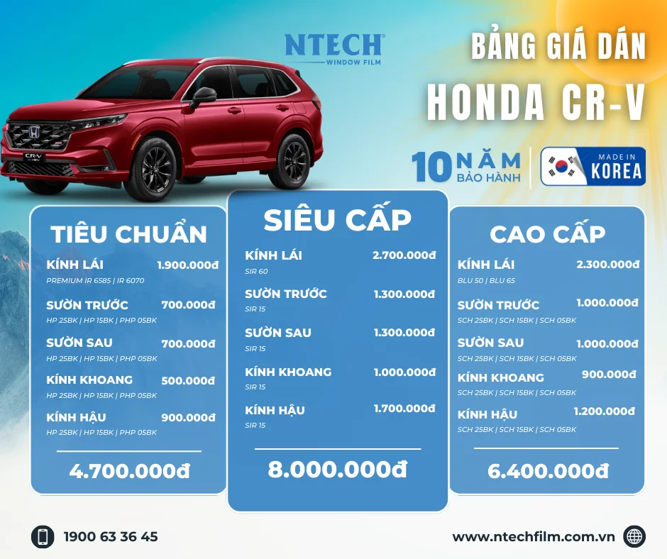 Bảng giá dán phim cách nhiệt NTECH cho xe Honda CR-V mới nhất 2026