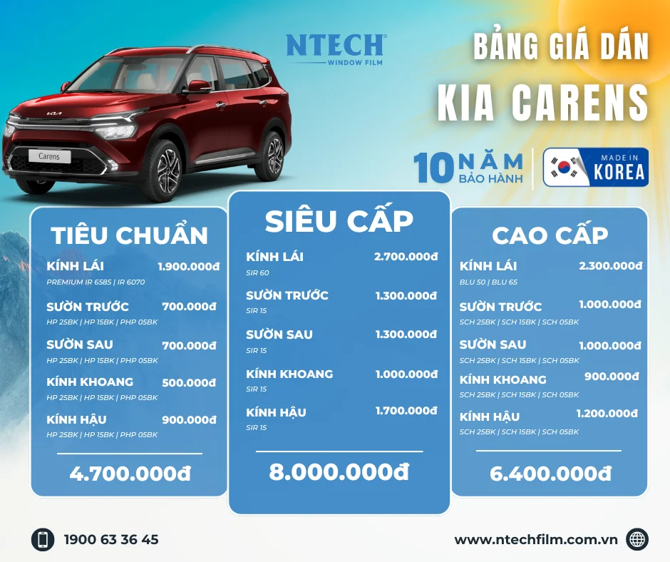 Bảng giá dán phim cách nhiệt NTECH cho xe KIA Carens mới nhất 2026