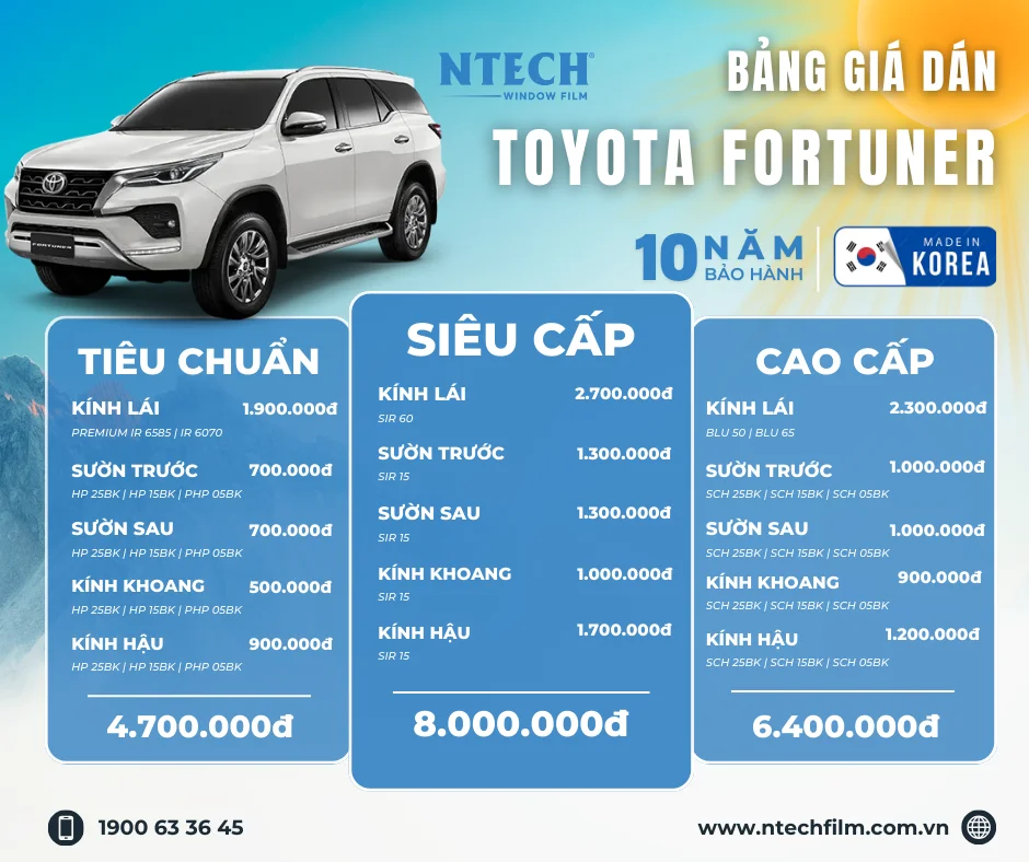Bảng giá dán phim cách nhiệt NTECH cho Toyota Fortuner mới nhất 2026