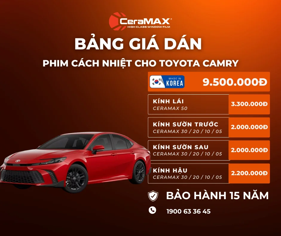 Bảng giá dán phim cách nhiệt CeraMAX cho xe Toyota Camry (Cập nhật 2026)