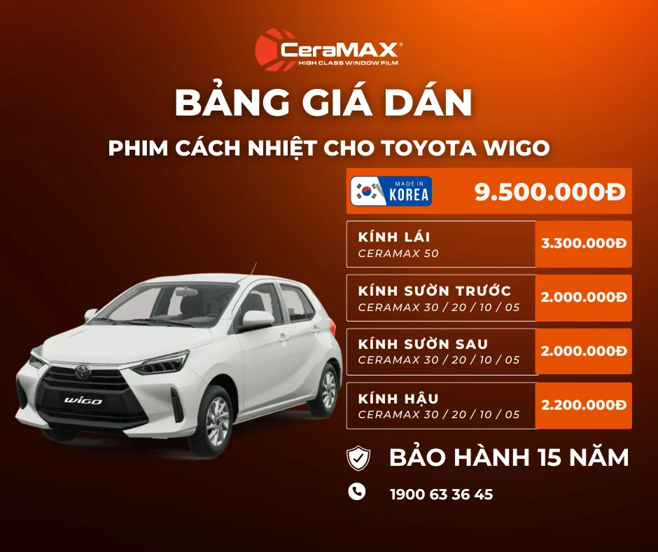 Bảng giá dán phim cách nhiệt CeraMAX cho Toyota Wigo (Cập nhật 2026)