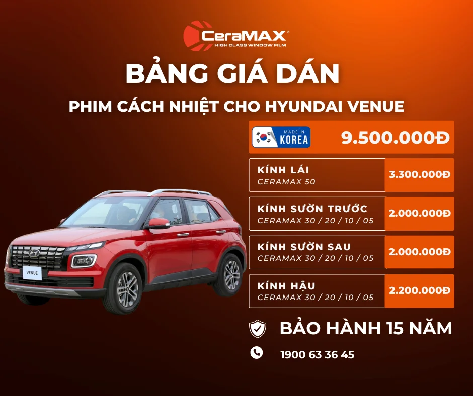 Bảng giá dán phim cách nhiệt CeraMAX cho xe Hyundai Venue (2026)
