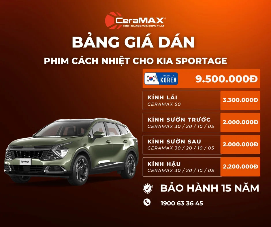 Bảng giá dán phim cách nhiệt CeraMAX cho xe KIA Sportage mới nhất 2026