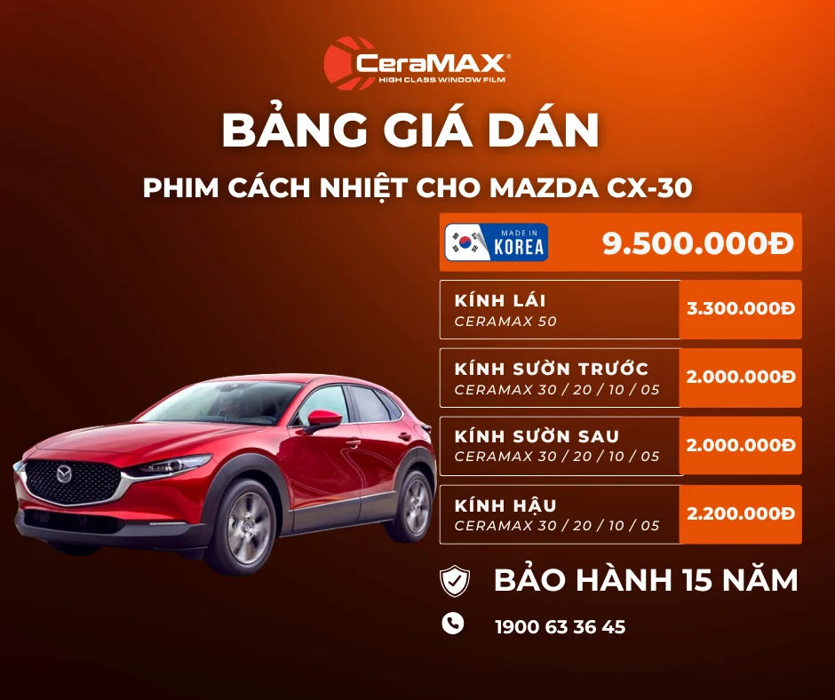 Bảng giá dán phim cách nhiệt CeraMAX cho xe Mazda CX-30 mới nhất 2026