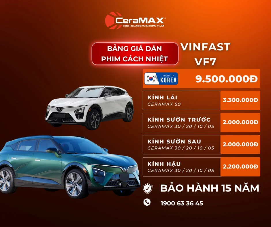 Bảng giá dán phim cách nhiệt CeraMAX cho xe Vinfast VF7 mới nhất 2026