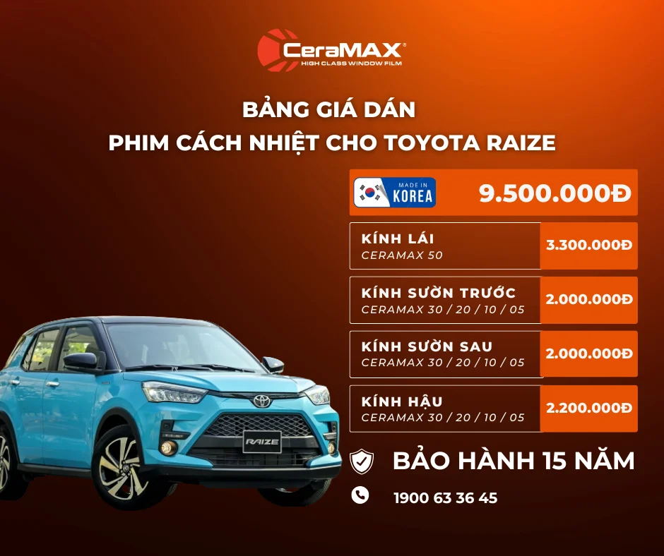 Bảng giá dán phim cách nhiệt CeraMAX cho xe Toyota Raize mới nhất 2026
