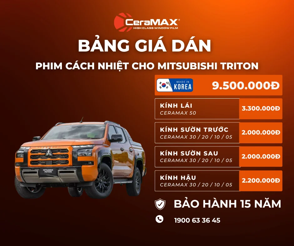Bảng giá dán phim cách nhiệt CeraMAX cho xe Mitsubishi Triton (Cập nhật 2026)