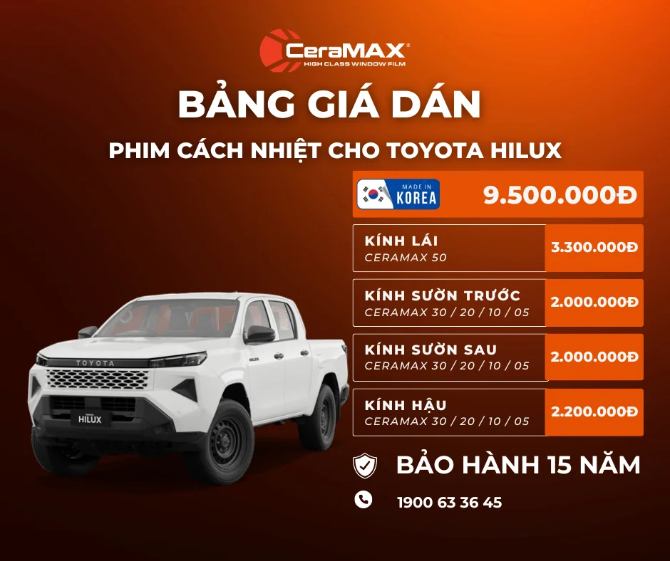Bảng giá dán phim cách nhiệt CeraMAX cho xe Toyota Hilux (Cập nhật 2026)