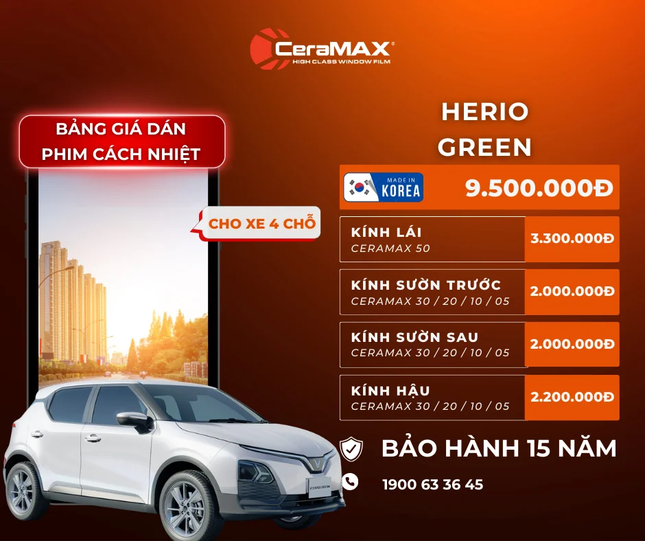 Bảng giá dán phim cách nhiệt CeraMAX cho xe Herio Green mới nhất 2026