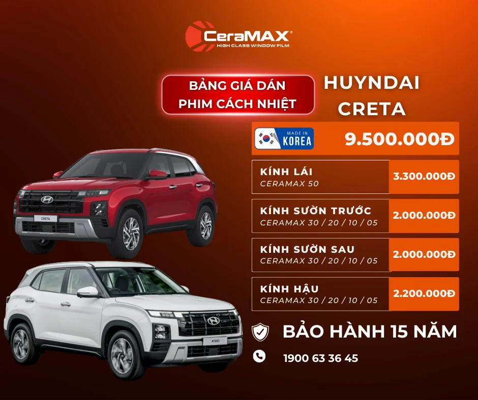 Bảng giá dán phim cách nhiệt CeraMAX cho xe Hyundai Creta mới nhất 2026