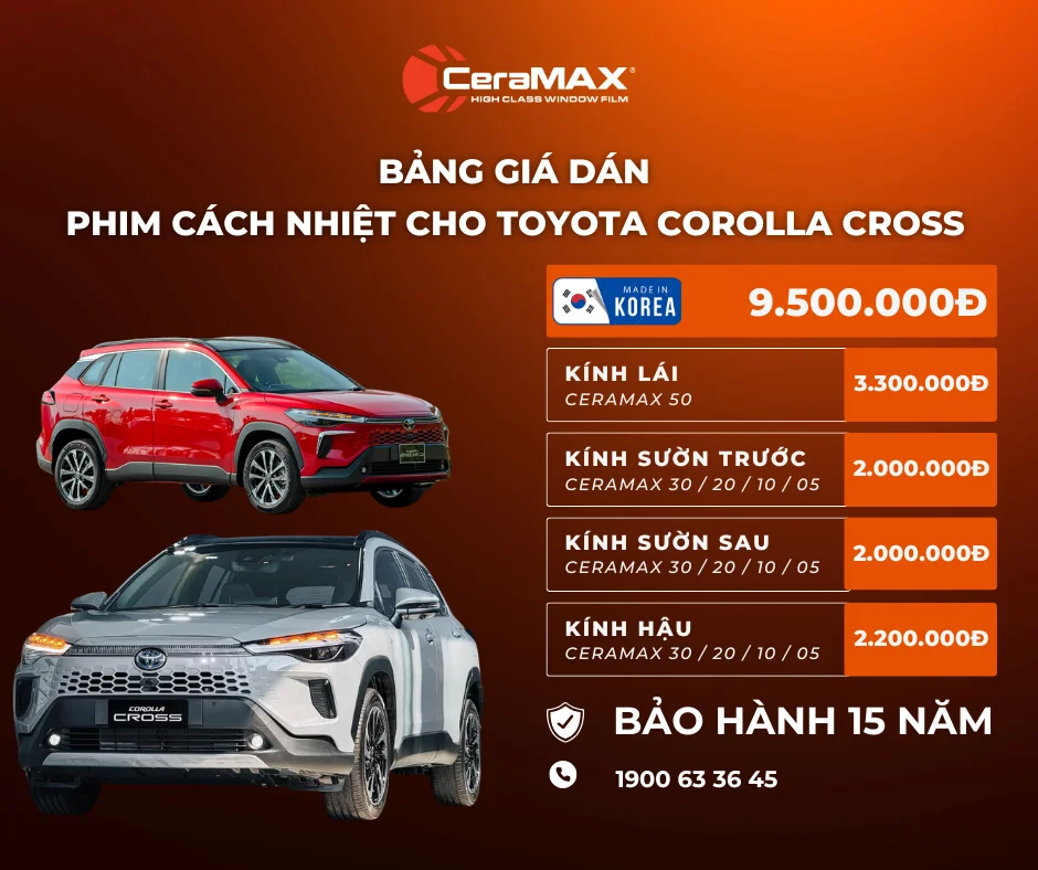 Bảng giá dán phim cách nhiệt CeraMAX cho xe Toyota Corolla Cross mới nhất 2026