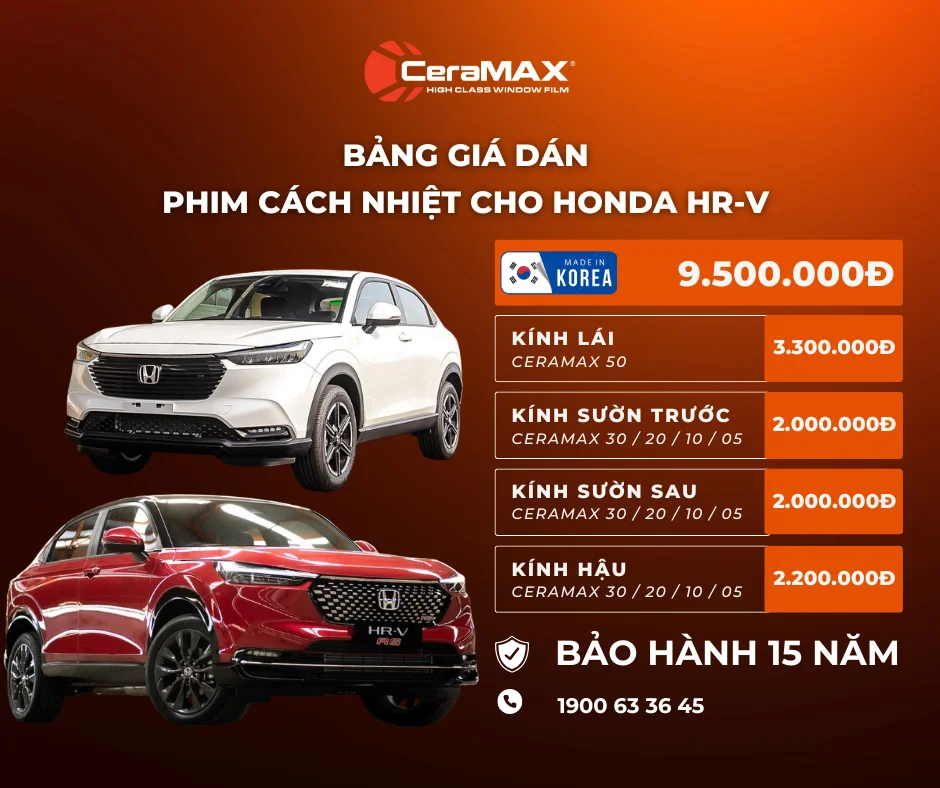 Bảng giá dán phim cách nhiệt CeraMAX cho xe Honda HR-V mới nhất 2026