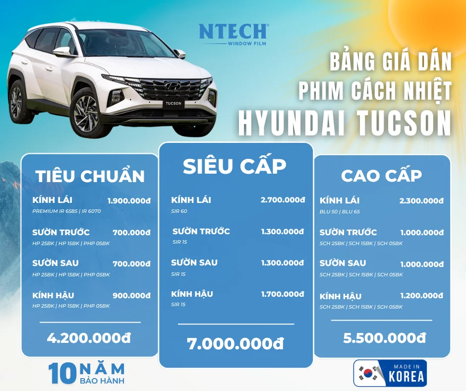 Bảng giá dán phim cách nhiệt NTECH cho xe Hyundai Tucson mới nhất 2026