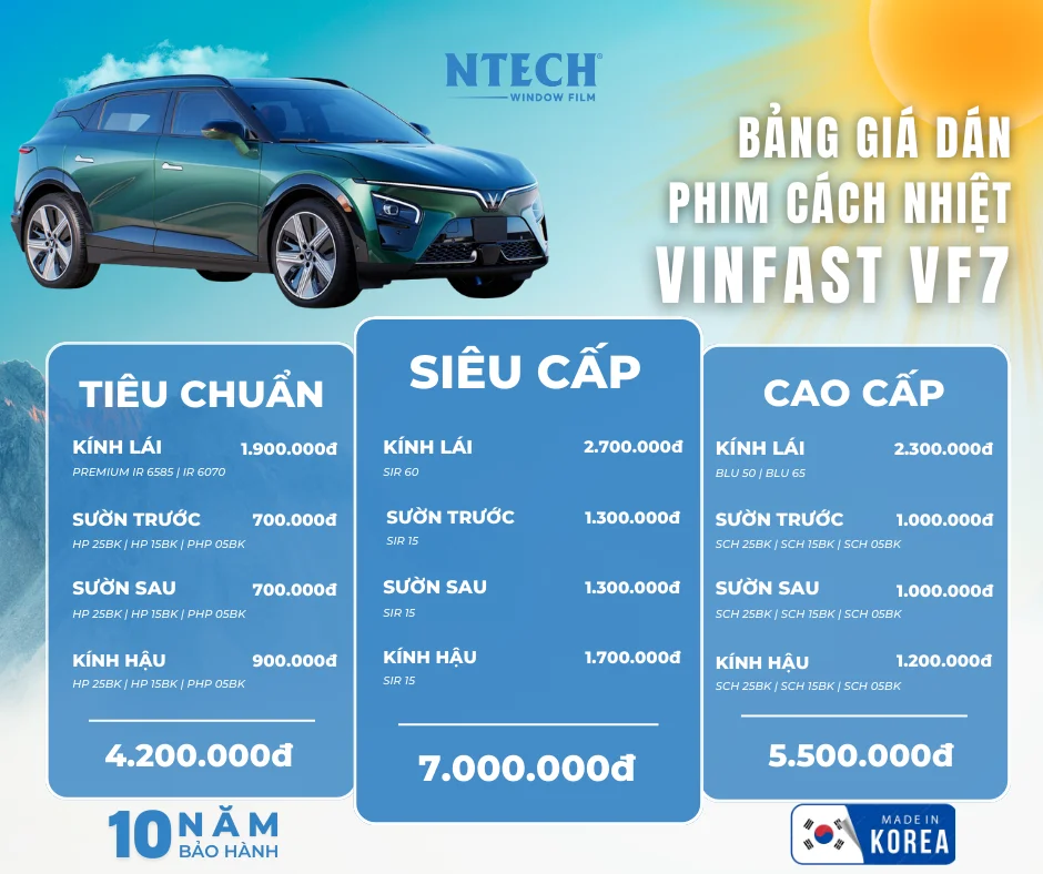 Bảng giá dán phim cách nhiệt NTECH cho xe Vinfast VF7 mới nhất 2026