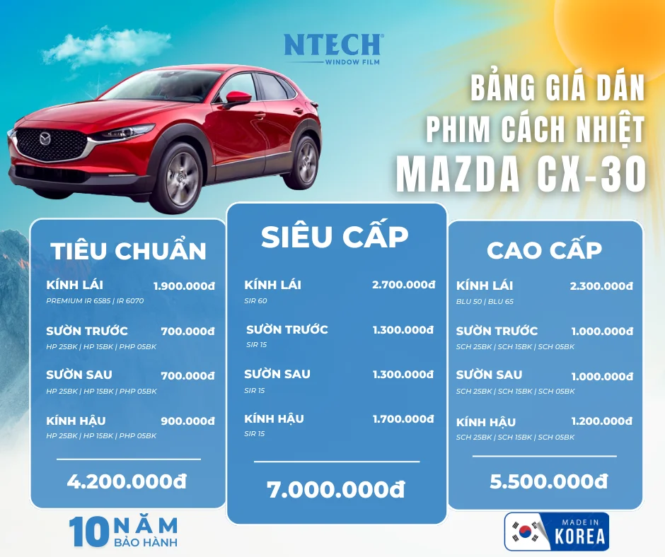 Bảng giá dán phim cách nhiệt NTECH cho xe Mazda CX-30 mới nhất 2026