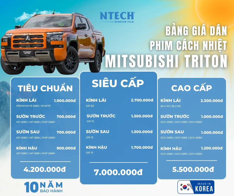 Bảng giá dán phim cách nhiệt NTECH cho xe Mitsubishi Triton (Cập nhật 2026)