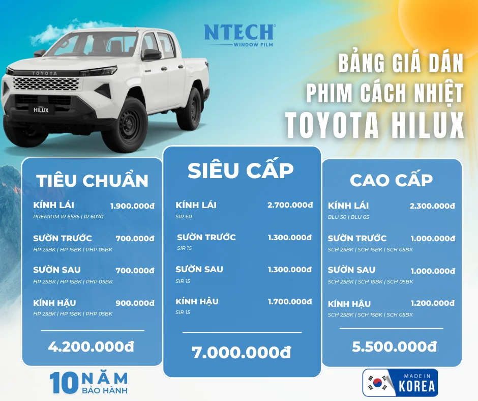 Bảng giá dán phim cách nhiệt NTECH cho xe Toyota Hilux (Cập nhật 2026)