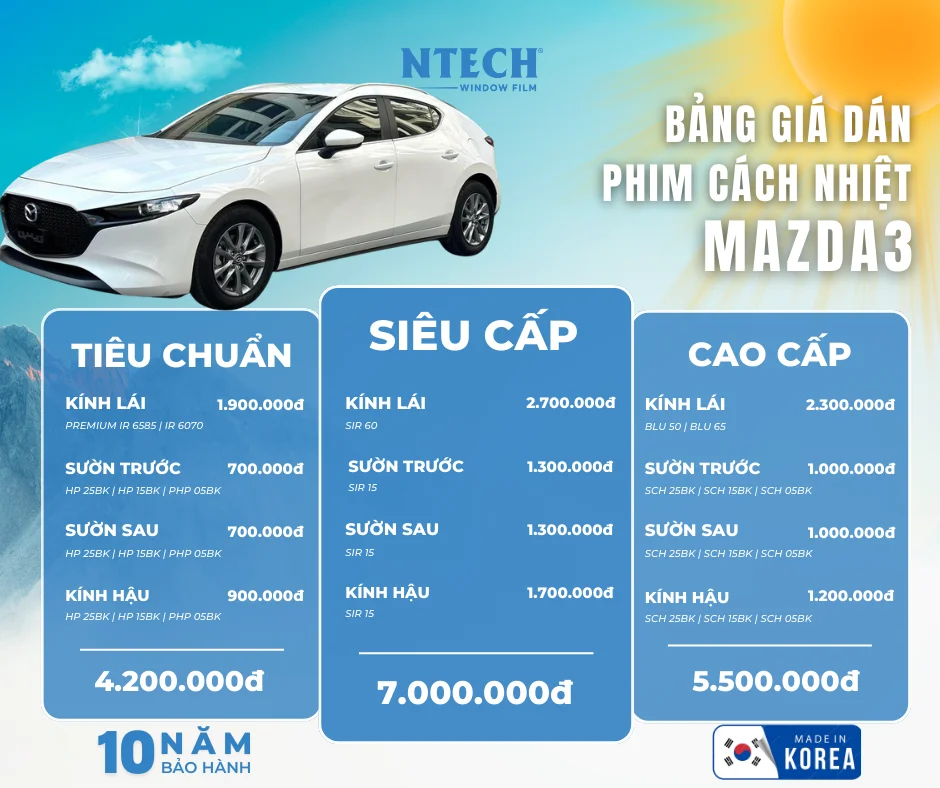 Bảng giá dán phim cách nhiệt NTECH cho xe Mazda3 (Cập nhật 2026)