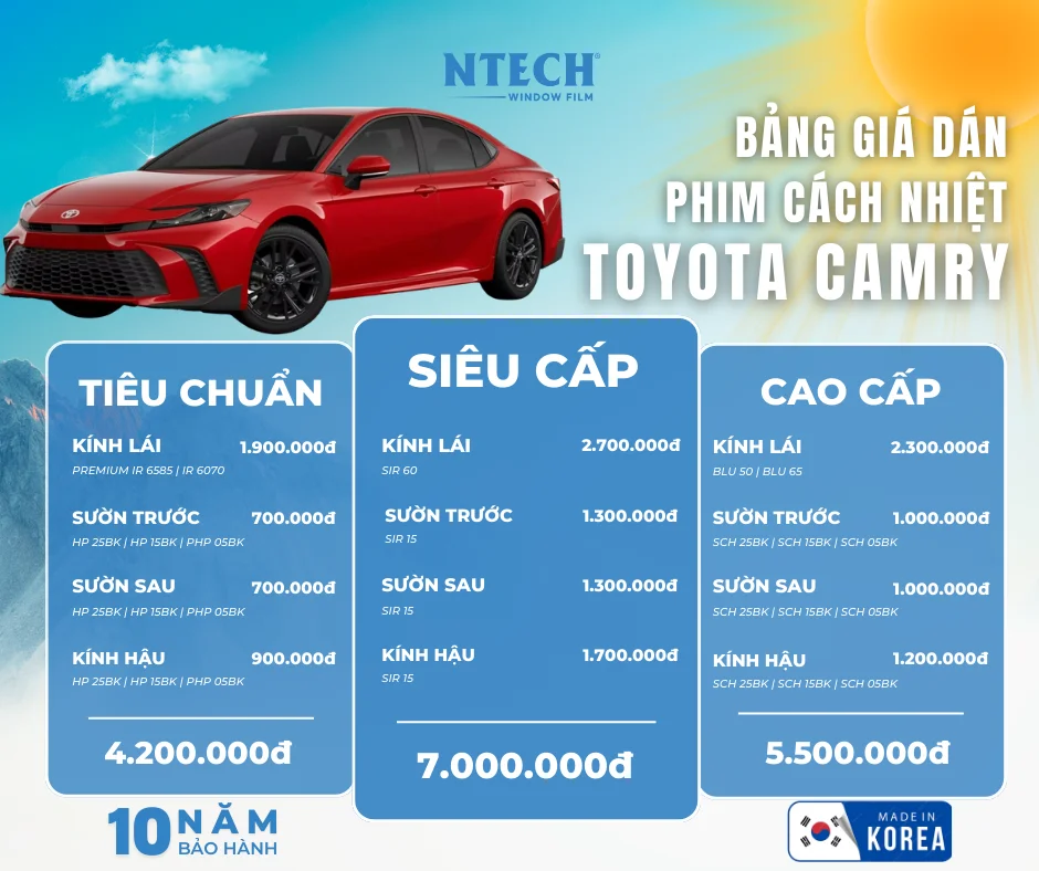 Bảng giá dán phim cách nhiệt NTECH cho xe Toyota Camry (Cập nhật 2026)