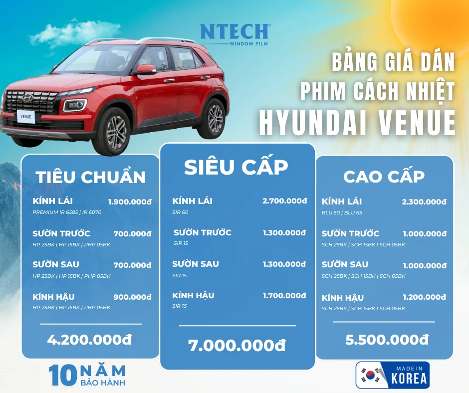 Bảng giá dán phim cách nhiệt NTECH cho xe Hyundai Venue (2026)