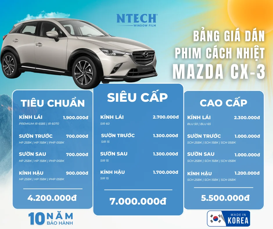 Bảng giá dán phim cách nhiệt NTECH cho xe Mazda CX-3 (Cập nhật 2026)