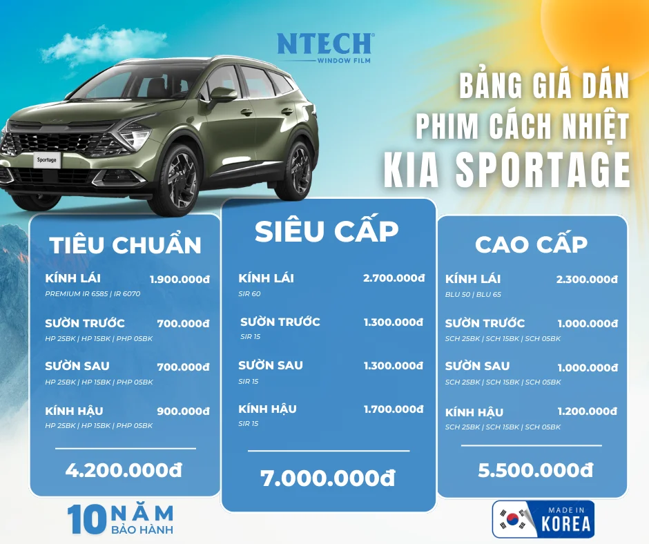 Bảng giá dán phim cách nhiệt NTECH cho xe KIA Sportage mới nhất 2026
