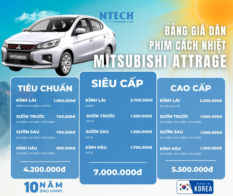 Bảng giá dán phim cách nhiệt NTECH cho xe Mitsubishi Attrage mới nhất 2026
